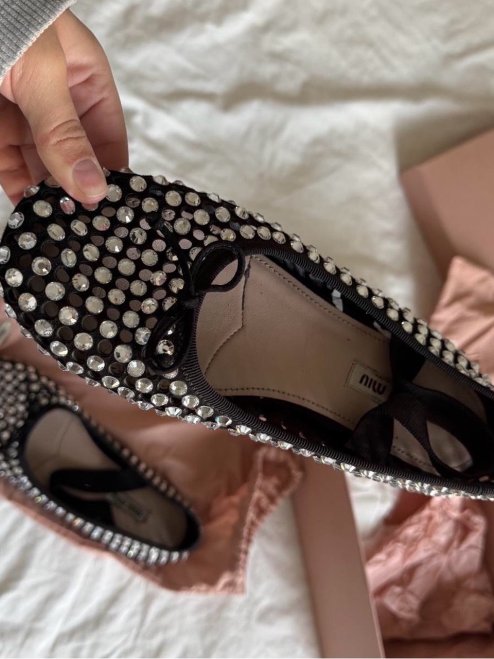 Miu Miu Black Crystal-Studded Ballet Flats